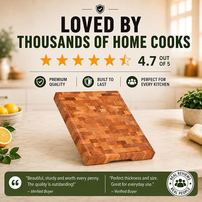 SHUMARU Mahogany End Grain Cutting Board, 17×13×1.6 in – Handmade Butcher Block, Knife-Friendly, Juice Groove, Non-Slip Feet