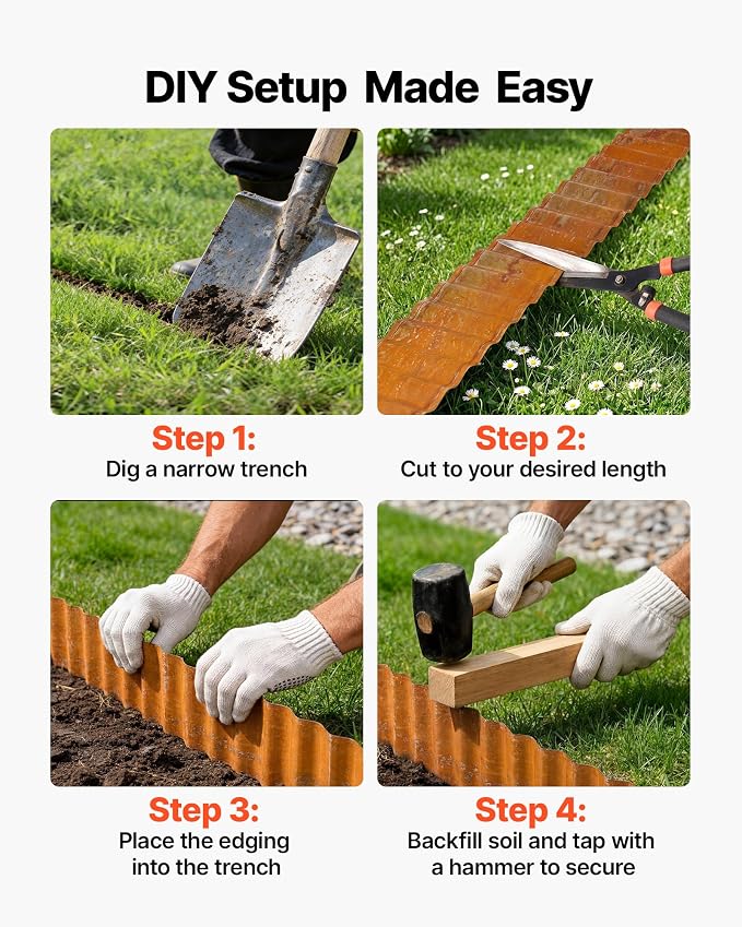 VEVOR Carbon Steel Landscape Edging, 40 ft x 6 in Steel Edging for Landscaping with Gloves, Easy-to-Install Bendable Metal Strips, Metal Garden Edge Border for Flower Bed, Yard Pathway, Rust