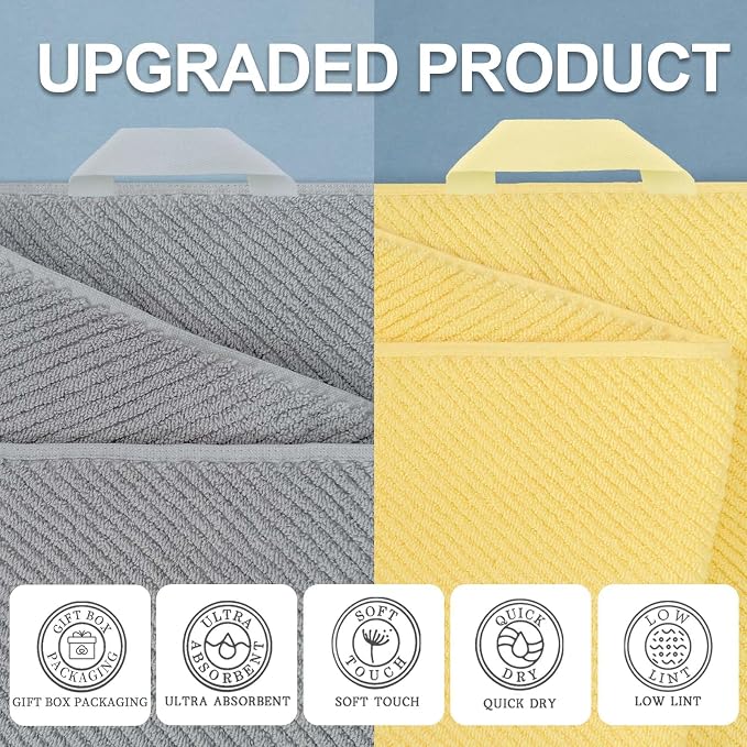 VOOVA & MOVAS 6PC Towel Set, 100% Cotton, Grey Yellow | 2 Large Bath 30x56 In, 2 Hand 18x28 In, 2 Washcloths 13x13 In, Soft, Quick Dry, Thick, Bath Towels With Hanging Loop