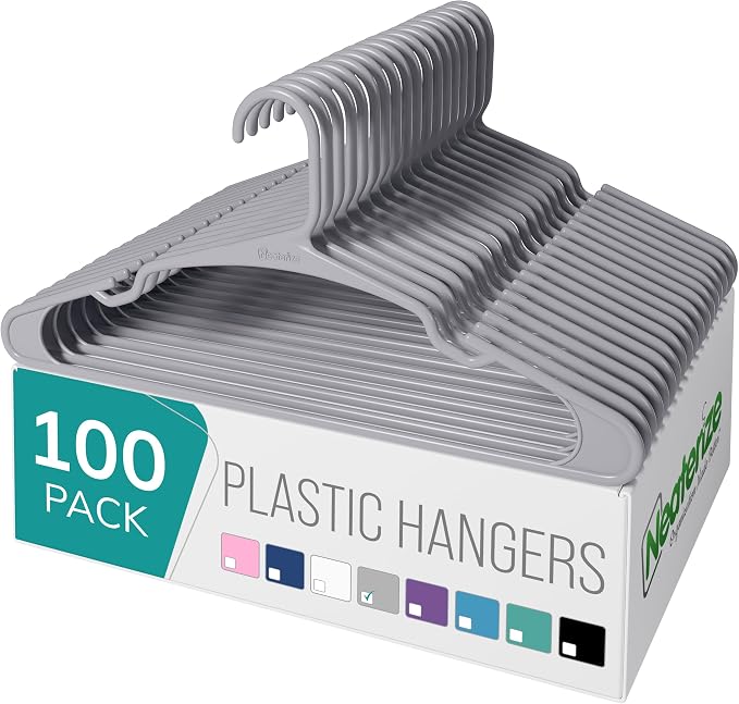 NEATERIZE Clothes Hangers Plastic 100 Pack for Adults - Plastic Hangers, The Perfect Coat Hanger and Space Saving Clothes Hangers for Closet - Grey Hangers