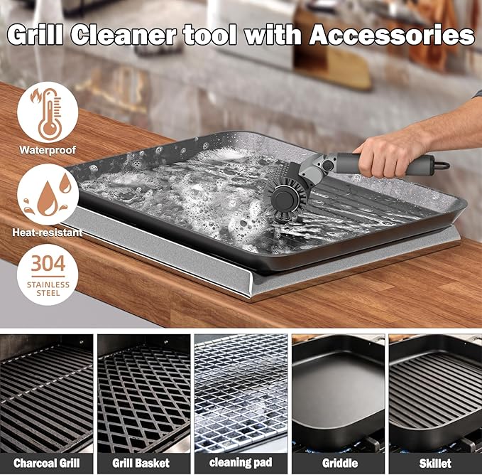Electric Grill Brush, BBQ Grill Cleaner with 3 Heads, 3-Speed & Angle Adjust Cordless Rotary Grill Brush, IP67 Waterproof, 150Mins & 58W Motorized Grill Cleaning Brush Kit with 5200mAh Battery