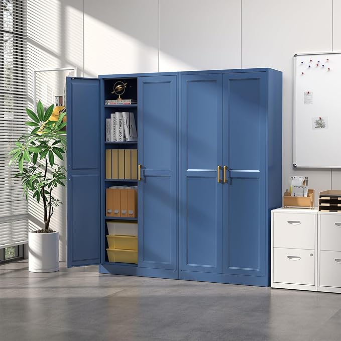Steeloong 71"Metal Pantry Storage Cabinet with Doors & 4 Adjustable Shelves | Kitchen Pantry Cabinet,Blue Kitchen Cabinet with 2 Gold Handles,Tall Cabinet for Livingroom,Pantry, Bathroom,Kitchen,Garage