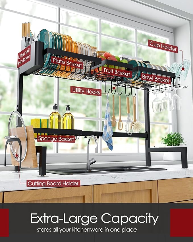 Sakugi Over The Sink Dish Drying Rack - Adjustable 2 Tier X-Large Capacity Stainless Steel Drainer with Cutlery & Utensil Holders, Kitchen Storage & Organization, 31.5"-39.5"L x 12"W x 24.5"H, Black