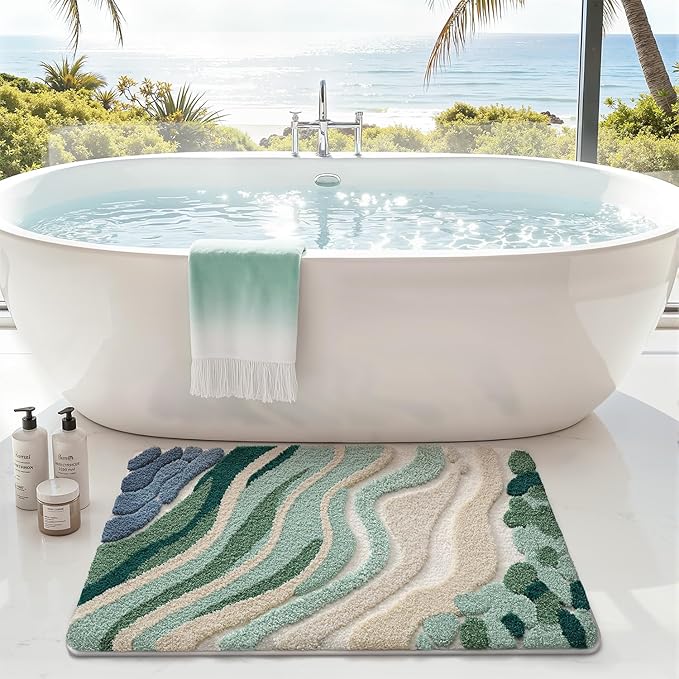 LUMI Beach Bathroom Rug Upgraded, Non Slip Bath Mat Quick Dry, Ultra Soft Washable Absorbent, Ocean Sea Theme Bath Rug for Shower Floor, Home Decor, Kids Room, Bathtub, 24"x36"