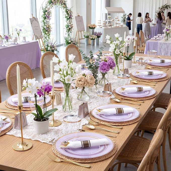 WDF Partyware 350PCS Purple Plates Disposable - Purple Plastic Plates 50Guests Lavender Disposable Dinnerware Sets with Rolled Napkins for Wedding/Birthday/Baby Shower/Bridal Shower