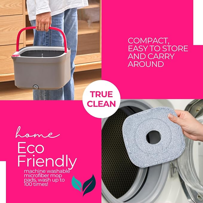 True & Tidy Square Spin Mop & Bucket System w/Extra Squeegee Head