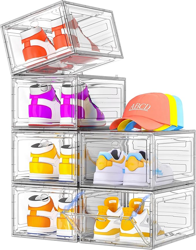 7 code Shoe Organizer, Clear Thickened Stackable Shoe Boxes with Magnetic Door, Collapsible Closet Storage Rack for Sneakers & Boots, 6 Pack White, Virgin Material, Not Recycled Plastic for Household
