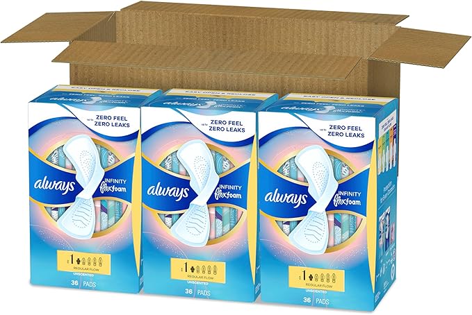 Always Infinity Feminine Pads for Women, Flexfoam Pads with Wings, Size 1, Regular Absorbency, Unscented, 108 Count (3 Packs of 36)