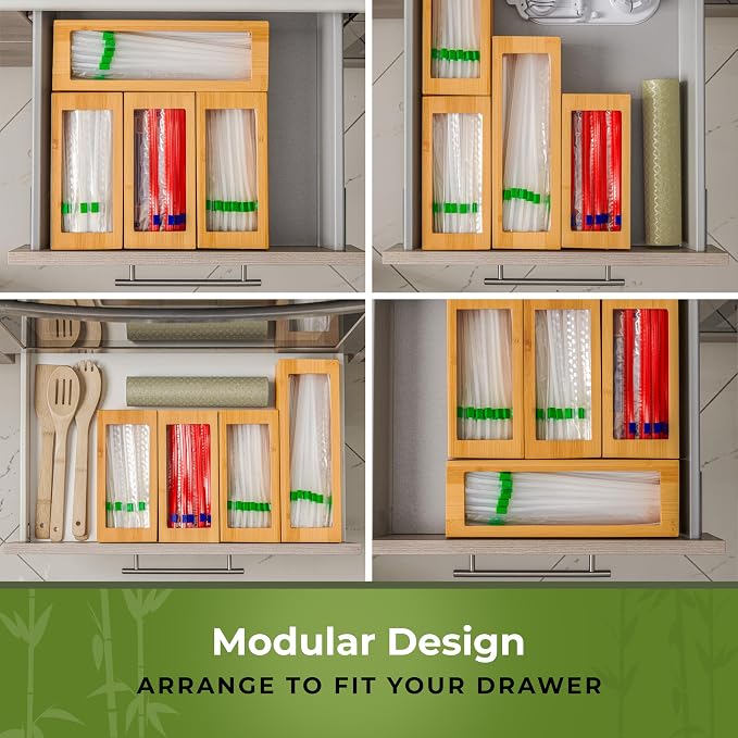 Storage Bag Organizer, Bamboo Baggie Organizer for Drawer, 4 Modular Blocks for Kitchen Organization, Plastic Bag Storage Organizer, Quick Refill - Fits Gallon, Quart, Sandwich, Snack Size Bags