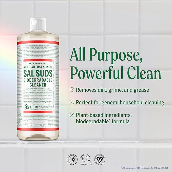Dr. Bronner's Sal Suds Biodegradable Cleaner (16 oz) – All Purpose Pine Mop Detergent for Floors, Laundry & Dishes, Multi Surface Concentrate, Heavy-Duty Degreaser