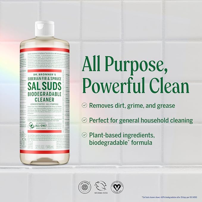 Dr. Bronner's Sal Suds Biodegradable Cleaner (16 Ounce, 2-Pack) – All Purpose Pine Mop Detergent for Floors, Laundry & Dishes, Multi Surface Concentrate, Heavy-Duty Degreaser