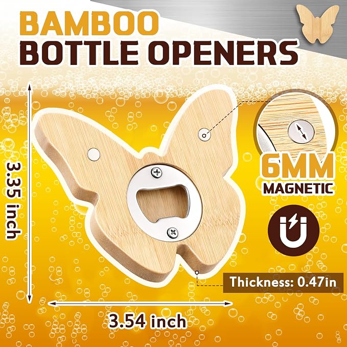 Vesici 24 Pcs Magnetic Bottle Opener 2.5in DIY Bamboo Butterfly Shape Beer Openers Wooden Fridge Magnet Refrigerator Sticker Gift for Beer Lover Wedding Guest Kitchens Bars Parties