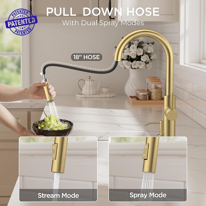 FORIOUS Kitchen Faucet with Pull Down Sprayer, Classic Brushed Gold, Single Handle High Arc Stainless Steel Kitchen Sink Faucet, 1 or 3 Hole Deck Mount for RV, Bar, Farmhouse, Laundry, Outdoor