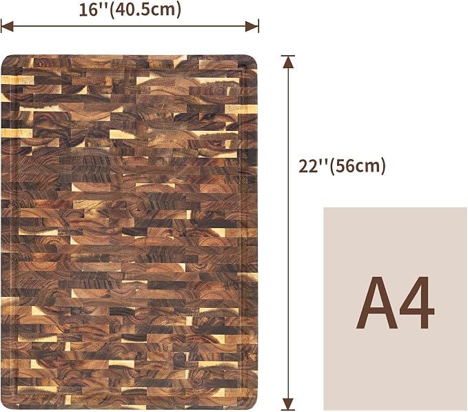 Utoplike Large Acacia Cutting Board 22 x 16 in, End Grain Chopping Boards | Wooden Butcher Block with Handle, Single-side Juice Groove for Turkey, Meat, Vegetables, 1.38"Th