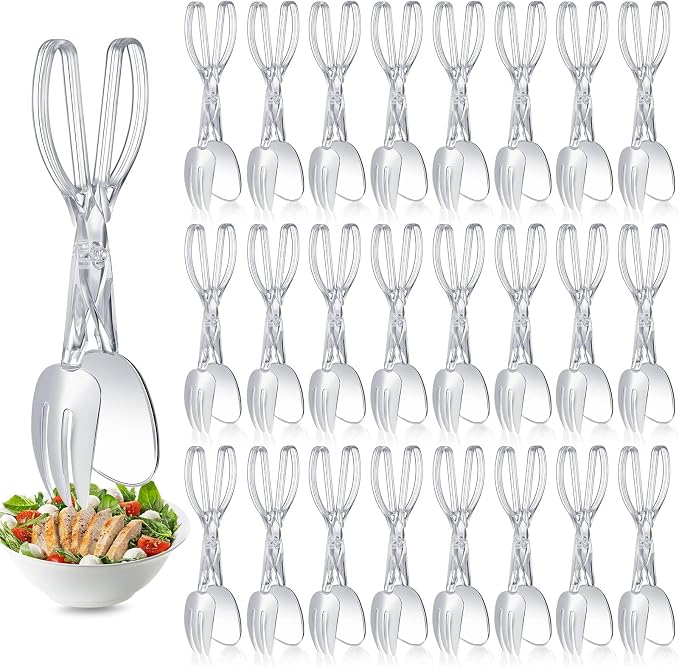 Tioncy 24 Pack Plastic Salad Scissor Tongs 11.5 Inches for Serving Reusable Food Tongs, Clear Utensils for Chef Cooking, Kitchen, Buffet, Party, Catering Supplies