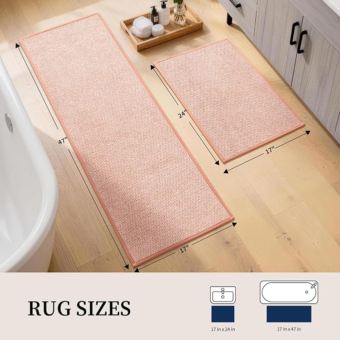 YIHOUSE Pink Bathroom Rugs Sets 2 Piece, Quick Dry Thin Bath Mat, Non Slip Absorbent Machine Washable, Bath Runner Rug for Bathtub Sink Home Decor (17"x24" + 17"x47")