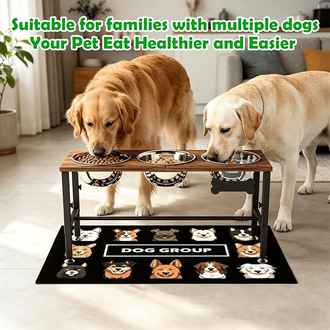 SHAINFUN Adjustable Height Elevated Dog Bowl Stand – Wooden Raised Dog Bowls with Three 58oz Stainless Steel Bowls & Mat for Small to Large Dog Breeds