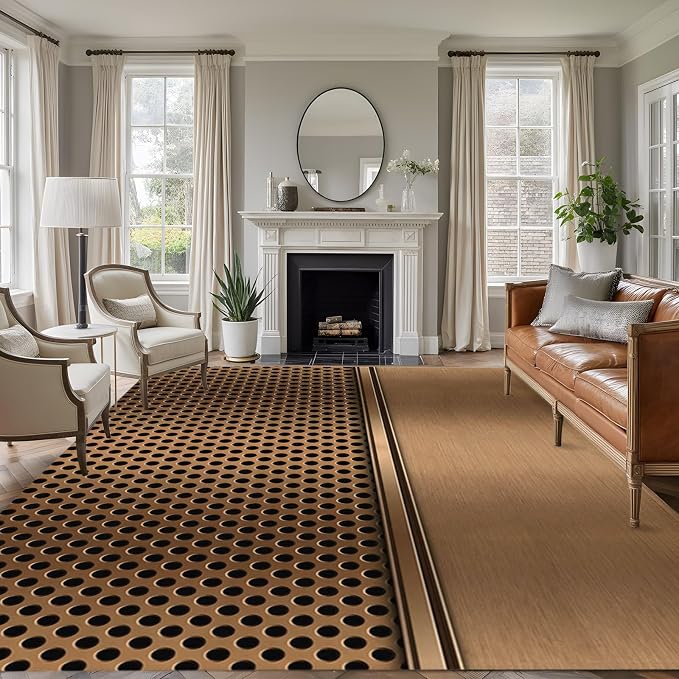8 x 10 Ft Large Area Rug for Living Room, Brown Metal Hole Indoor Accent Rugs for Bedroom, Modern Copper Net Eye Hole Pattern Decorative Modern Carpet Washable Low Pile Non Slip Rug for Dining Room