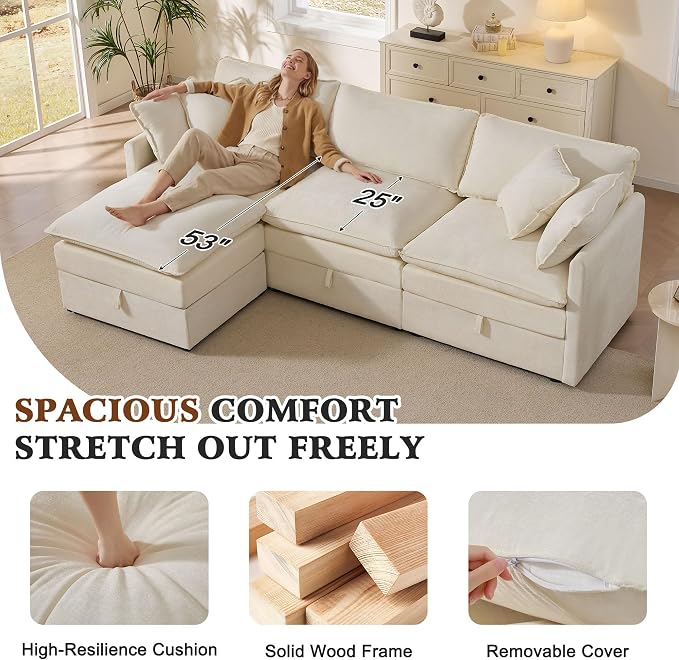 Ihanherry 103" Modular Sectional Sofa with Storage, L Shaped Cloud Couch with Movable Ottomans & 4 Pillows, Chenille Deep Seat Sectional Couches for Living Room, Apartment (Beige)
