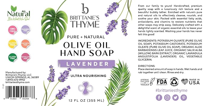 Brittanie’s Pure Castile Liquid Soap Refill, Lavender, 12 Ounce 3 Pack | Dish Soap, Hair & Body, Home, Gentle and Pure, Made with Natural Luxurious Oils, Vegan & Gluten Free Non-GMO