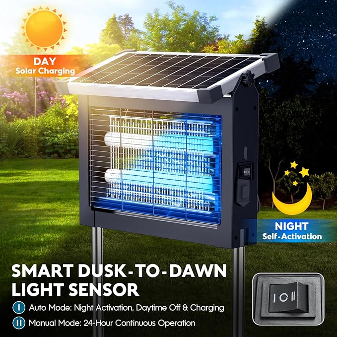 Solar Bug Zapper Outdoor, Mosquito Zapper 4500V Cordless Waterproof, Auto On/Off, Portable Type-C & Solar Powered Bug Zapper, Electric Mosquito Trap Fly Zapper Killer for Patio Garage Yard Camping