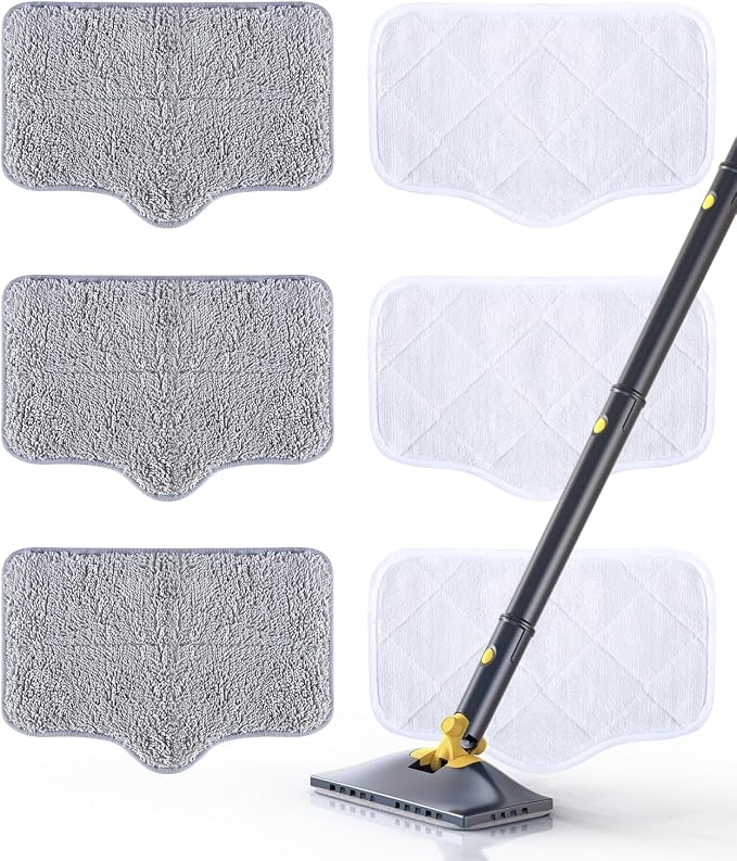 Steam Mop Pads with Washable and Reusable, 6 Pack Replacement, 2 Material Types Accessories Compatible With Steamer Mop for Cleaning Floors and Carpets, White and Gray