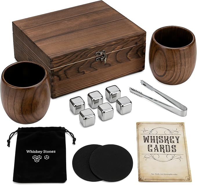 Wooden Whiskey Glass Set - Charred Bourbon Cup, Old Fashioned, Gift for Man | Pair 10oz with 6 Stainless Chilling Rocks, 2 Felt Coasters, Tong, Bag & Gift Box for Father's Day, Anniversaries, Retirement