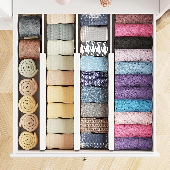 SpaceAid Bamboo Dresser Drawer Dividers 6 Pack, (Need 4.65" Deep Drawer) Adjustable 12.5“-17” Organizers, Expandable Organization for Clothing, Clothes, Dressers, White