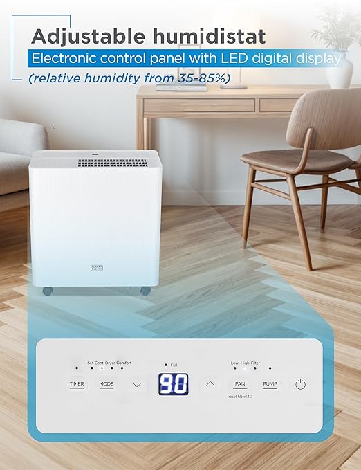 BLACK+DECKER Portable Dehumidifier with Built-in Pump, Extracts 50-Pint Per 24-Hours, Dehumidifier with Pump for up to 4500 Sq. Ft., 12.68-Pint Bucket, Energy Star Certified, BDM50PWCDA, White