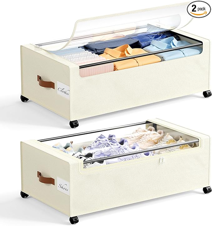 Yecaye 95 L Under Bed Storage with Wheels, 11 in Under Bed Storage Containers, Large Under Bed Shoe Storage with Lids, Rolling Underbed Storage bins for Clothes, Blankets, Beige