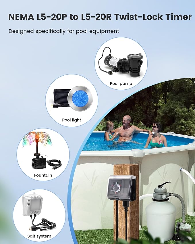 SURAIELEC Mechanical Pool Timer for Above Ground Pools, NEMA L5-20R Twist-Lock Plug-in Pool Timer, 20A 125V 1HP, Up to 3 Daily Settings, Weatherproof Cover, for Pumps, Heaters, Fountains and Lighting