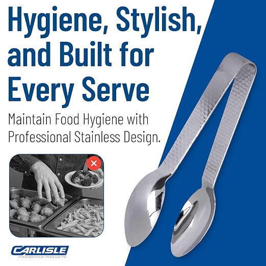 Carlisle FoodService Products Terra Tong Serving Utensil with Hammered Mirror Finish for Kitchens, Restaurants, Catering, Stainless Steel, 7 Inches, Silver, (Case of 12)
