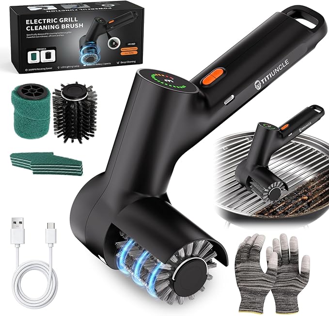 Electric Grill Brush for Outdoor Grill, BBQ Grill Cleaner Cleaning Brush with Stainless Steel Rotary Head, 500RPM Motorized, 3 Speed Modes, 120Mins Runtime, No Bristle Shedding, Gifts for Men/Dad