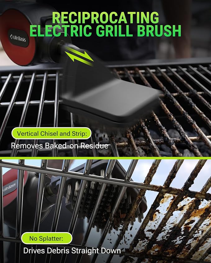 LifeBasis Cordless Electric BBQ Grill Cleaning Brush | Rechargeable with 180-minute Runtime, 3 Replaceable Heads, LED Light and Powerful Reciprocating Cleaning for Outdoor Grates