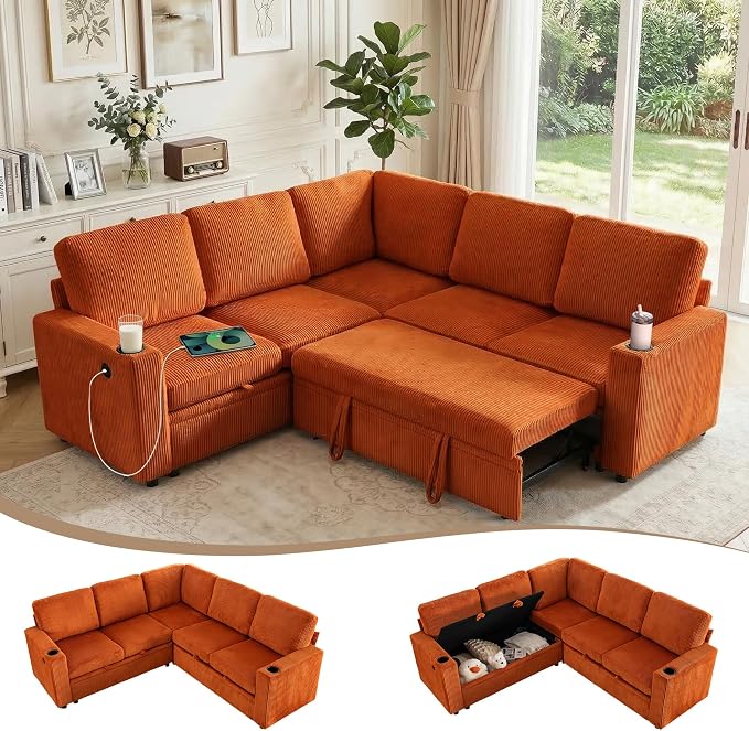 L-Shaped Sectional Sleeper Sofa with Pull Out Bed, Orange | Plush Corduroy Modular Couch with Storage, USB Charging, Cup Holders – Cozy Cloud Couches for Living Room, Easy Assembly
