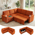 L-Shaped Sectional Sleeper Sofa with Pull Out Bed, Orange | Plush Corduroy Modular Couch with Storage, USB Charging, Cup Holders – Cozy Cloud Couches for Living Room, Easy Assembly