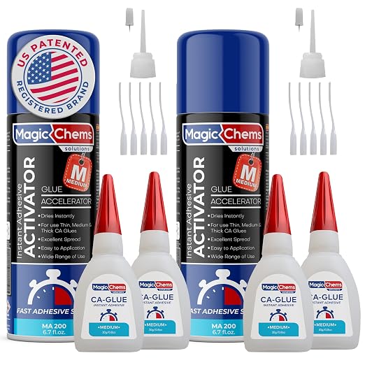 Magic Chems CA Glue with Activator Kit (4 x 0.8 oz Glue + 2 x 6.7 fl oz Activator), Cyanoacrylate Adhesive for 3D Printing & Acrylic, Strong Bond Super Glue Accelerator Set (2 Pack)