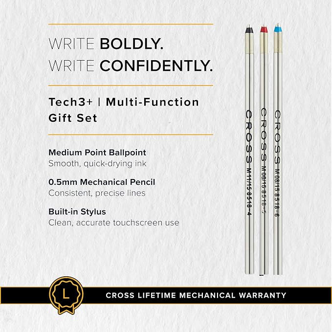 Cross Tech3+ Lustrous Chrome Multifunction Pen - Multifunctional Pen & Pencil for Versatile Use - Multiple Writing Tips - 2-Way Rotation Mechanism - Built-in Stylus - Corporate Gifts - Black Ink