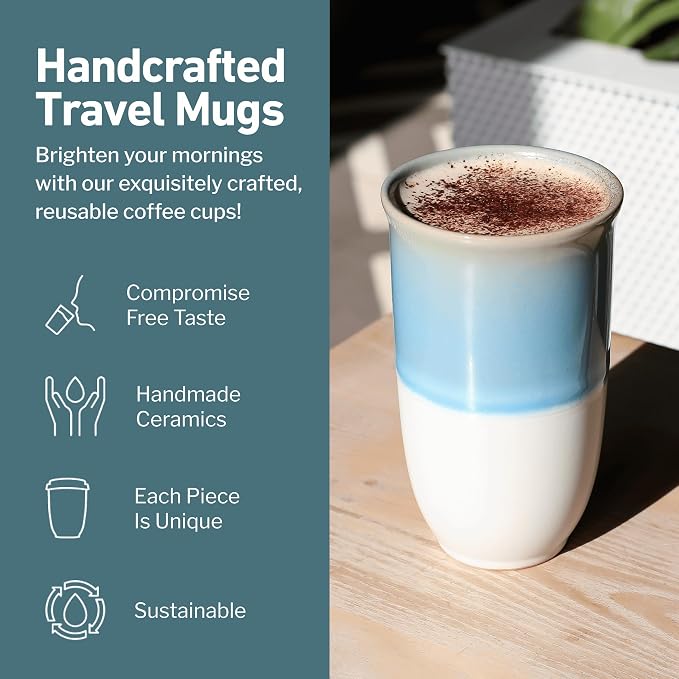 NOVA CERAMICS Travel Coffee Tumbler – Travel Mug - On the Go Coffee Mug – Microwave & Dishwasher Safe Green CoffeeTumbler - Gifts For Women Men Him Her – 16oz – Lagoon