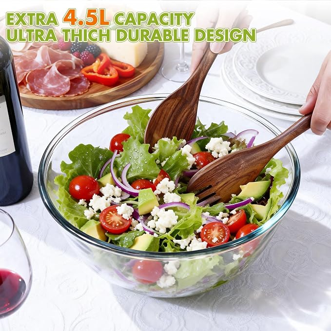Greentainer Glass Salad Bowl with Wood Lid as Cheese Charcuterie Board and Plate,152oz Large Serving Bowl & Storage Bowl Sets with Wood Utensils - Dishwasher Safe