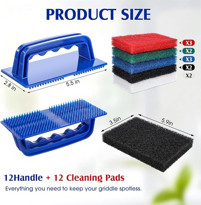 LemonRoad 12 Sets of Griddle Cleaning Kit, Heavy Duty Griddle Scrubber, Including Scouring Pads and Handles, Flat Top Grill Cleaning Scrubber Brush with Handle for Oven, BBQ, Cookware, Kitchen