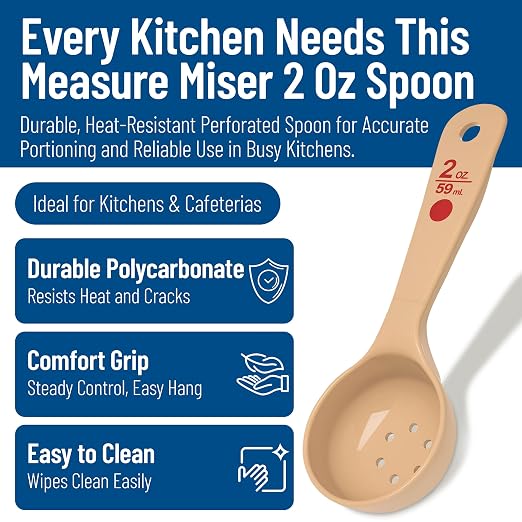 Carlisle FoodService Products 2 Oz Perforated Portion Control Spoon – Short Handle Measuring Spoon – Beige Polymer Foodservice Spoon for Commercial Kitchens, (Pack of 12)
