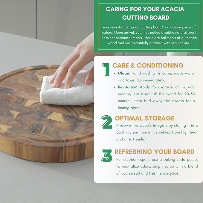Round End Grain Acacia Wood Cutting Boards for Kitchen, 1.5 in Thick Butcher Block Construction for Stability, 12 x 12 in Round Cutting Boards with Gift Box, Juice Groove and Handle