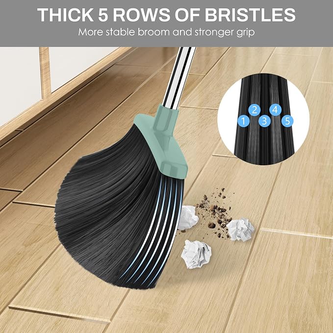 Broom and Dustpan Set for Home, 51-in Long Adjustable Handle Angle Broom and Dustpan Combo Set with Dust Pan Teeth to Clean Hair for Home Kitchen Office Lobby Floor Garden, Green