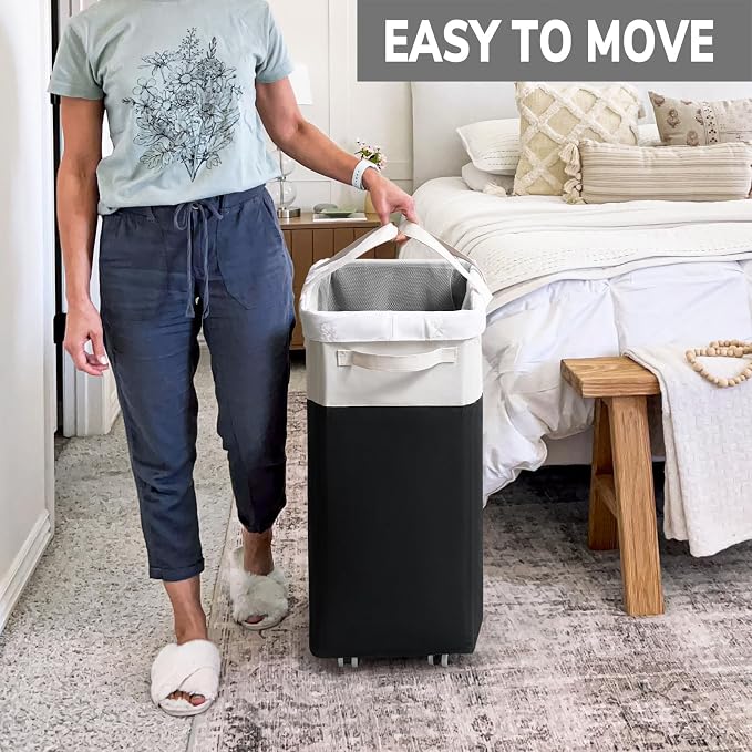 Goodpick Rolling Laundry Hamper with Wheels 75L, Black Laundry Hamper for Dirty Clothes, Collapsible Laundry Basket with Removable Wash, Black Laundry Basket with Wheels