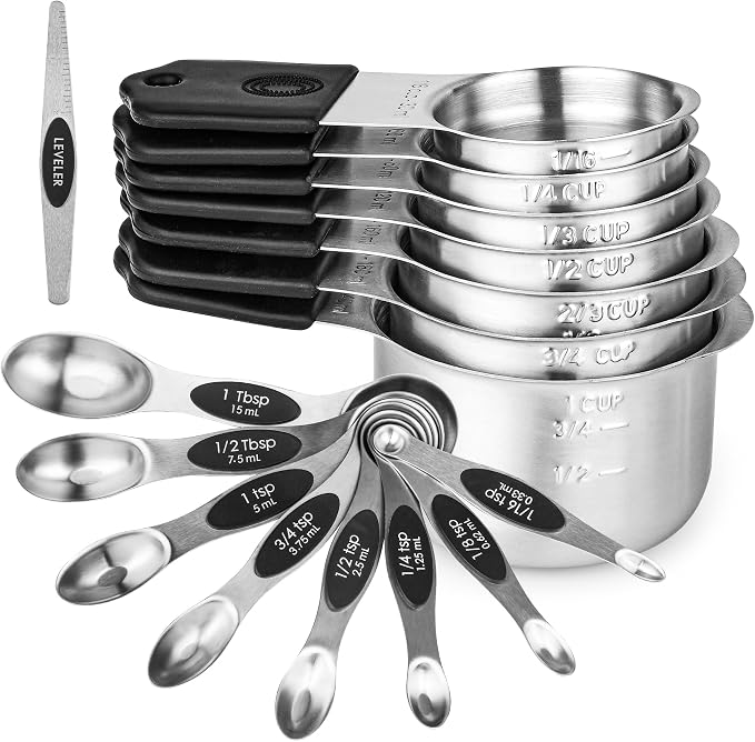 Magnetic Measuring Cups and Spoons Set 16, Metric & US Stainless Steel Measuring Cups and Spoons Set for Dry & Liquid, Metal Measure Cups & Spoons & Leveler for Kitchen&Baking, Black