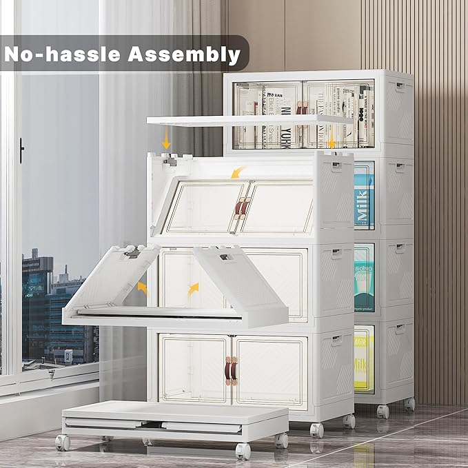 Stackable Storage Bins, 416QT Collapsible Drawers with 2 Lids | Large Capacity, Magnetic Door, Stack Lock, Rolling Wheels, Foldable Design, Organizers and Storage for Bedroom Dorm Garage