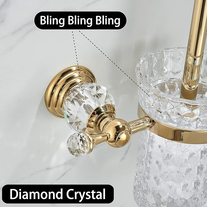 WOLIBEER Crystal Toilet Brush Holder, Polished Gold Brush Handle with Replaceable Brush Head, Stainless Steel Bathroom Cleaning Set Wall Mounted