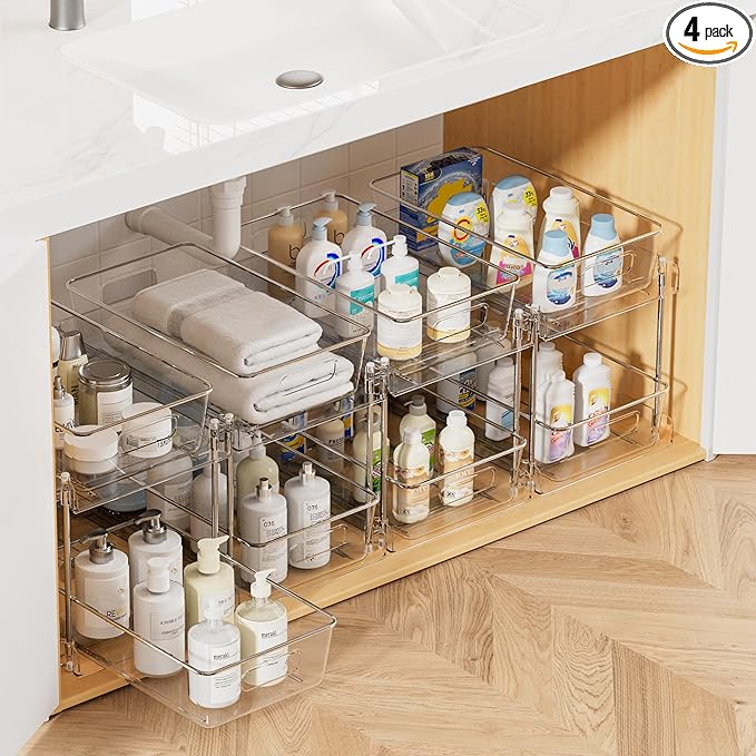 Vtopmart 4 Pack Bathroom Under Sink Organizers Organizer, 2 Tier Clear Pull-Out Organization (S-Standard)