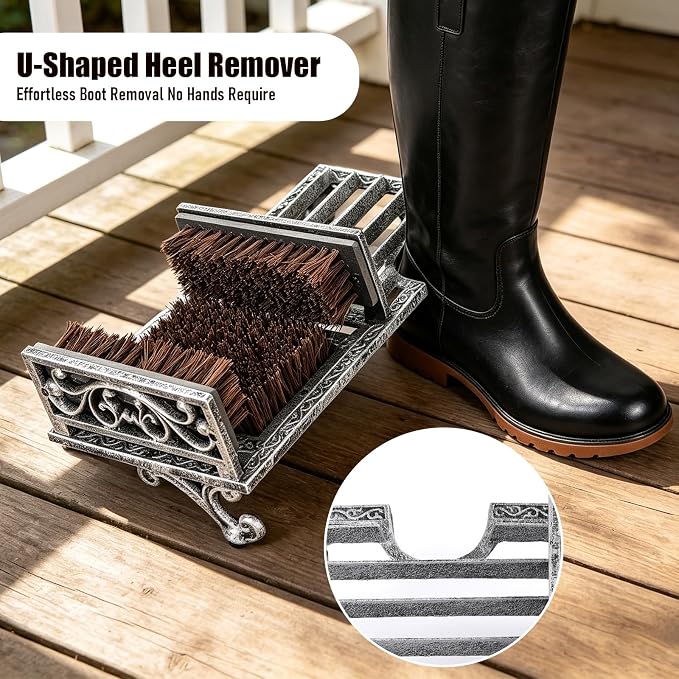 Heavy Duty Outdoor Boot Scrubber with Heel Remover | Vintage Sliver Cast Iron Boot Brush Scraper for Porch Garage Entrywa | Boot Cleaning Tool for Muddy Shoes